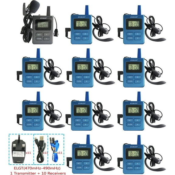 EXMAX ELGT-470 UHF Wireless Audio Tour Guide System Assistive Listening Church Translation Equipment 100 Channels for Language Interpretation Conference Outdoor Activities 1 Transmitter 5 Receivers