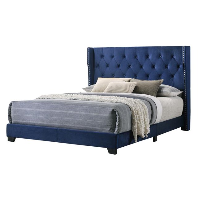 Navy Blue Velvet Panel Bed with Tufted Headboard in Eastern King