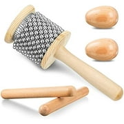5 Pcs Wooden Hand Percussion Instrument Set Mini Wooden Cabasa with Stainless Steel Breads Musical Latin Instrument Classical Wood Percussion Claves Rhythm Sticks Egg Shakers for Adult