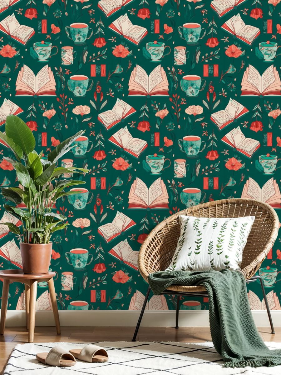 Peel and Stick Wallpaper 23.6in x 9.8ft Cozy Teal Green Books Teacups Floral Contact Paper Vinyl Self-Adhesive Removable Wall Paper for Bedroom DIY Home Decor Renter Friendly