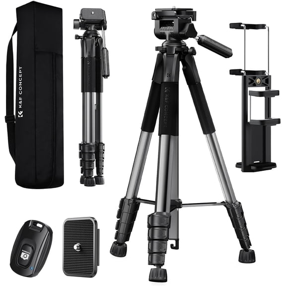 K&F CONCEPT Camera Tripod, 75" Lightweight Portable Travel Outdoor DSLR Tripods for Camera Phone Video Recording Tripod Stand, Cellphone Clip for Smartphone Live Streaming Vlog, Dark Grey