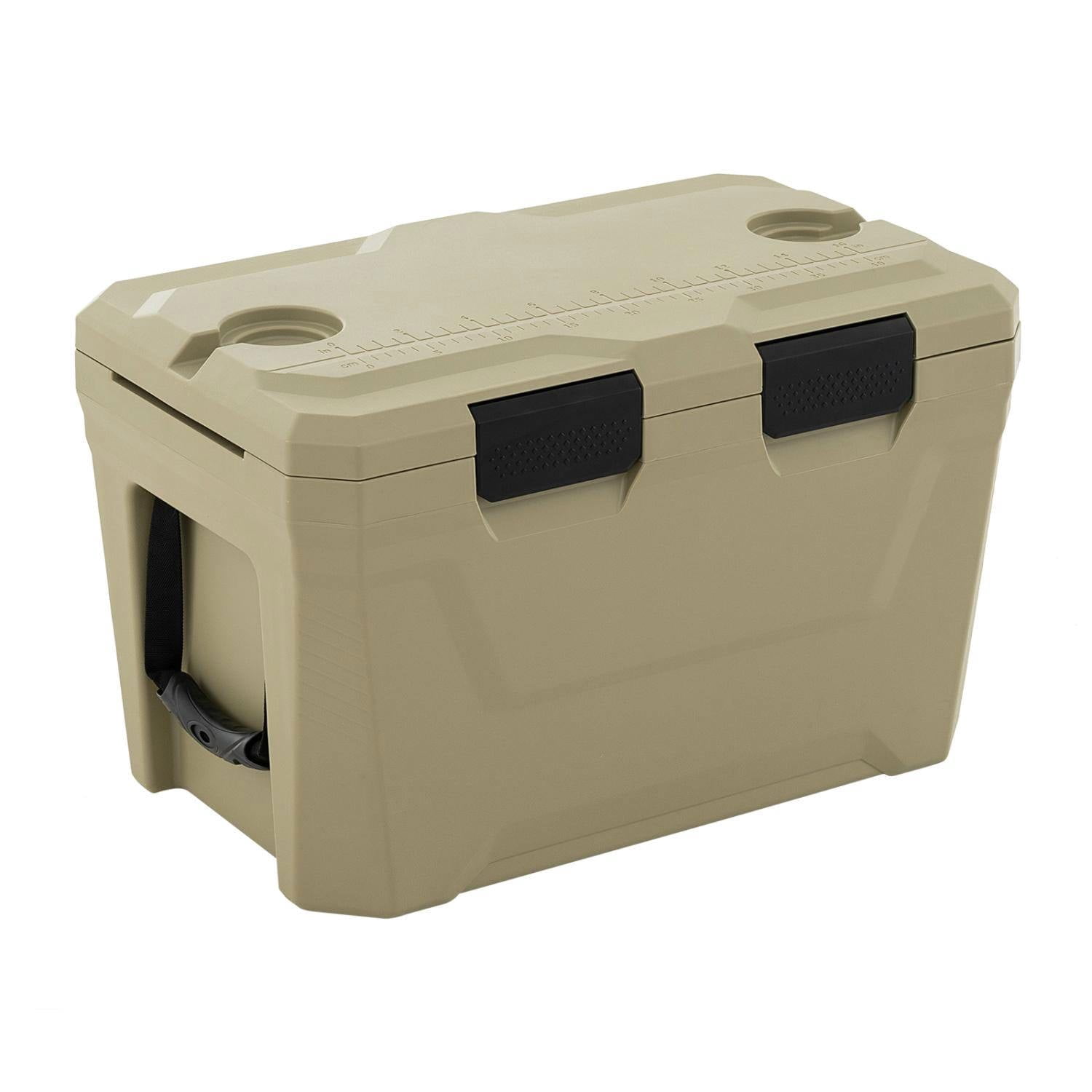 Resenkos Outdoor Picnic Ice Chest with Drain Plug & Bottle Opener, Hard Shell Insulated Cooler with Cup Holders for Camping, Beach, Brown
