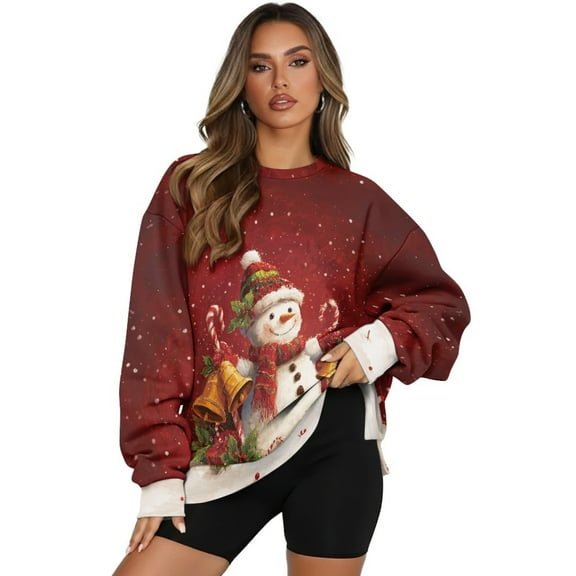 SCRAWLGOD Christmas Snowman Bell Cane Holly Print Red Womens Sweatshirts Polyester Crewneck Tops Long Sleeve Loose Fit Lightweight Fall Winter Drop Shoulder Casual Pullover with Pockets, S