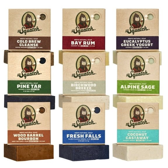 Dr. Squatch Bar Soap for Men - Cold Process, No Harsh Chemicals - Pine Tar, Wood Barrel Bourbon, Cold Brew Cleanse, Birchwood Breeze, and more (5 oz, 9 Pack)