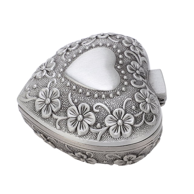 Joyero en forma de corazón, patrón de tallado de Flor Retro, joyero de Metal en forma de corazón para decoración de almacenamiento de joyas