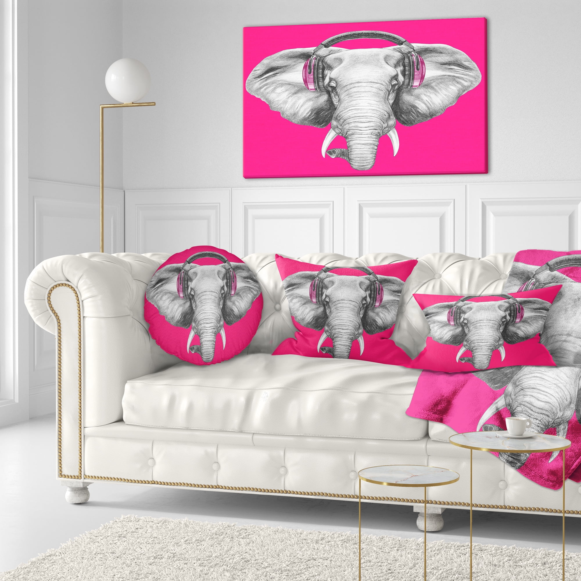 Designart Elephant with Headphones - Contemporary Animal Throw Pillow - 12x20