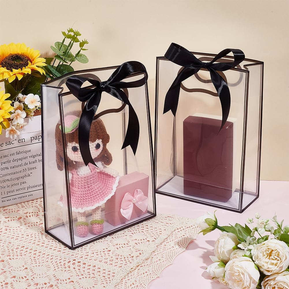 36 Pack Clear Plastic Gift Bags with Handles Reusable Transparent Bags Bulk with 75 Yards Ribbon for Wedding Bridesmaid Bridal Shower Birthday Graduation Business Party 7x10x3 inch (Black)