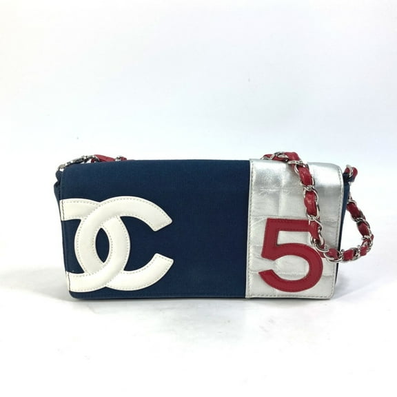 Pre-Owned CHANEL Vintage No. 5 Chain Shoulder Bag in Canvas/Leather, Navy (Fair)