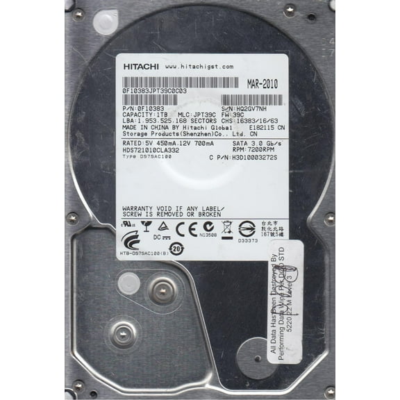 HDS721010CLA332, PN 0F10383, MLC JPT39C, Hitachi 1TB SATA 3.5 Hard Drive