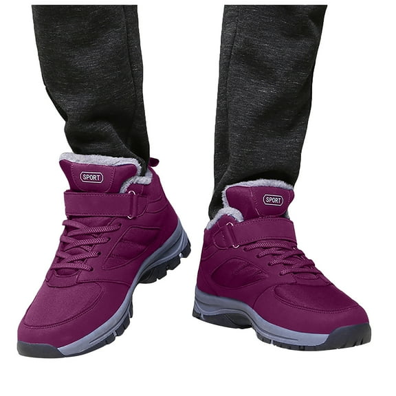 Outdoor Snow Boots for Women Men Waterproof Nonslip Hiking Winter Booties Lace up Hook and Loop Athletic Ankle Boots Purple 8.5