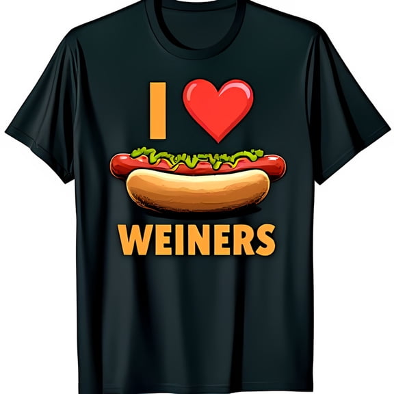 I Love Weiners Black T-Shirt with Heart & Hot Dog Graphic Fun Foodie Tee