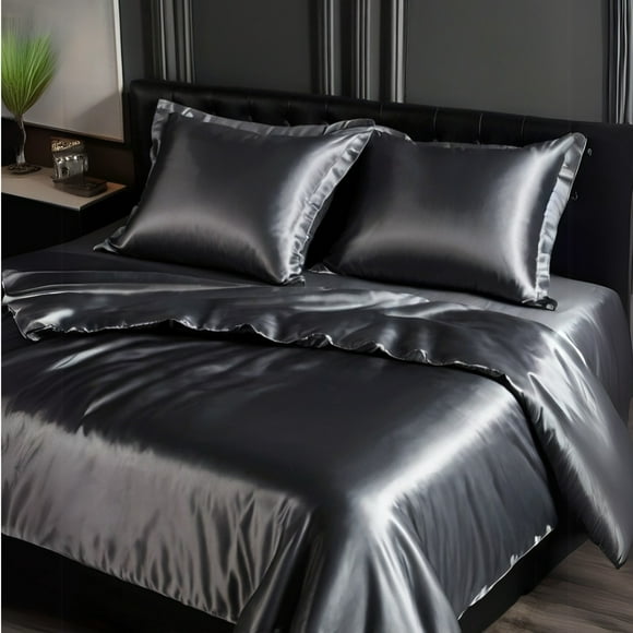 KING Bed Sheet Set (Flat x1 + Fitted x1 + PC X2) in Elegant colors CHARCOAL GREY & CHAMPAGNE Fabric Luxury Satin 4pc/ Set Clearance Price $25/ set (Sold as pack of 2 Sets - Mix n Match)
