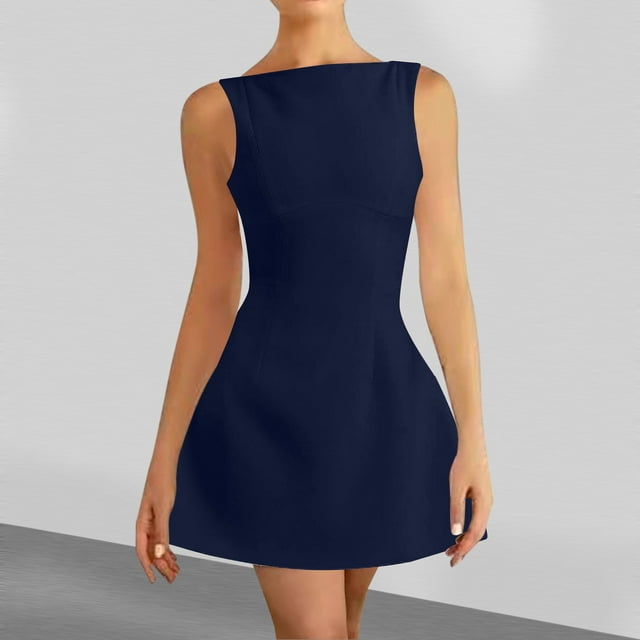 onlyliua Dresses for Women 2025 Sleeveless Crew Neck Solid Evening Gown Tank Dresse Pleated Design Regular Fit Minimalist Design Linen Casual for Evening Events Todays Clearance Deals Prime