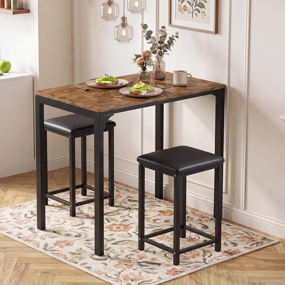NurtureTail Dining Table Set, Counter Height Table, 2 Upholstered Stools | Rustic Brown & Black, PU Leather Seats, Metal Frame, Industrial, Space-Saving for Small Space, Dorm & Kitchen Island
