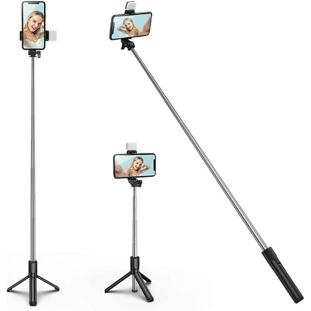 KOMI Selfie Stick Tripod with Fill Light, Extendable Selfie Stick Tripod with Wireless Remote and Tripod Stand Group Selfies, Live Streaming, Video Recording Compatible with All Cellphones, Black