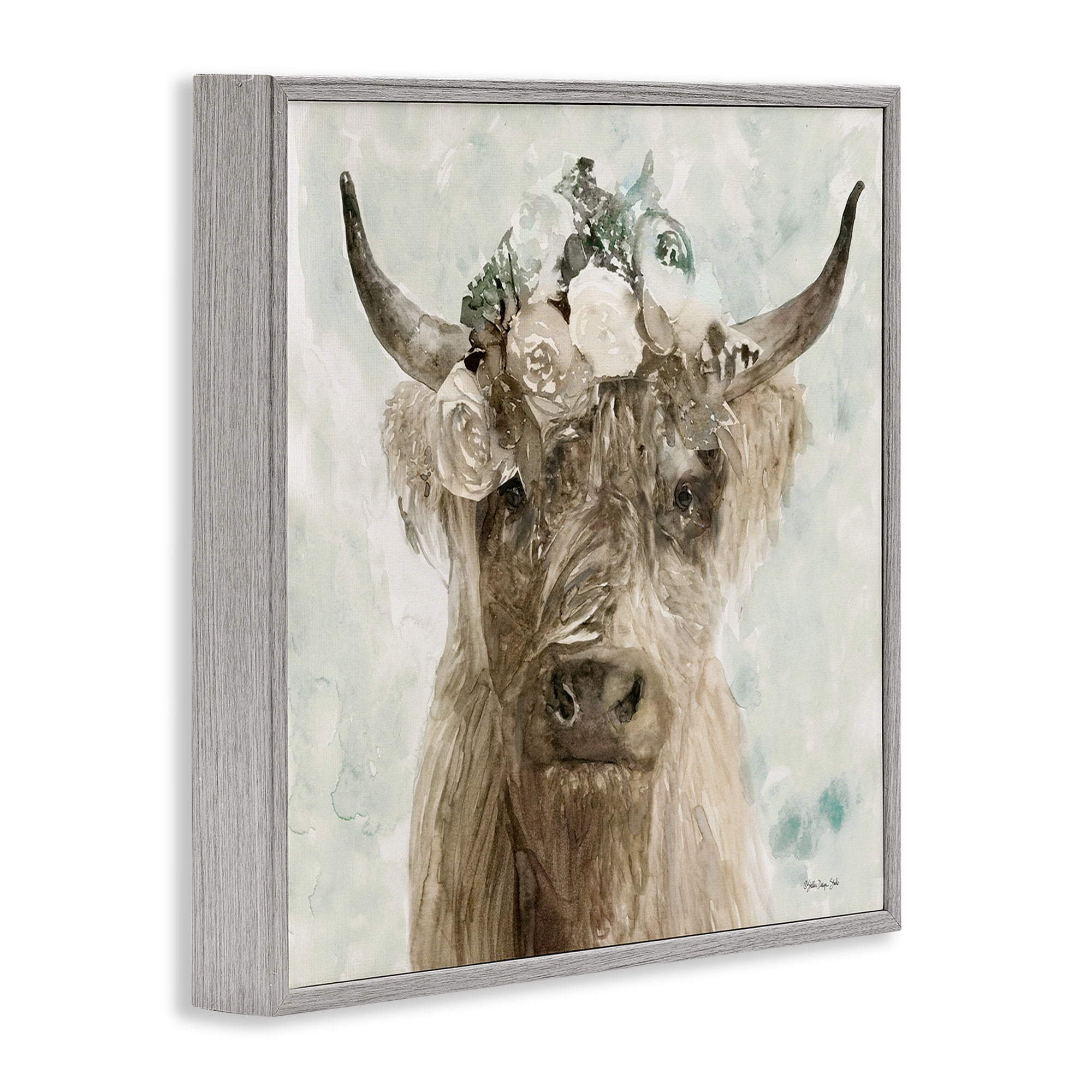 Stupell Industries Soft Buffalo with Floral Crown Animals & Insects Painting Gray Framed Art Print Wall Art, 12 x 12