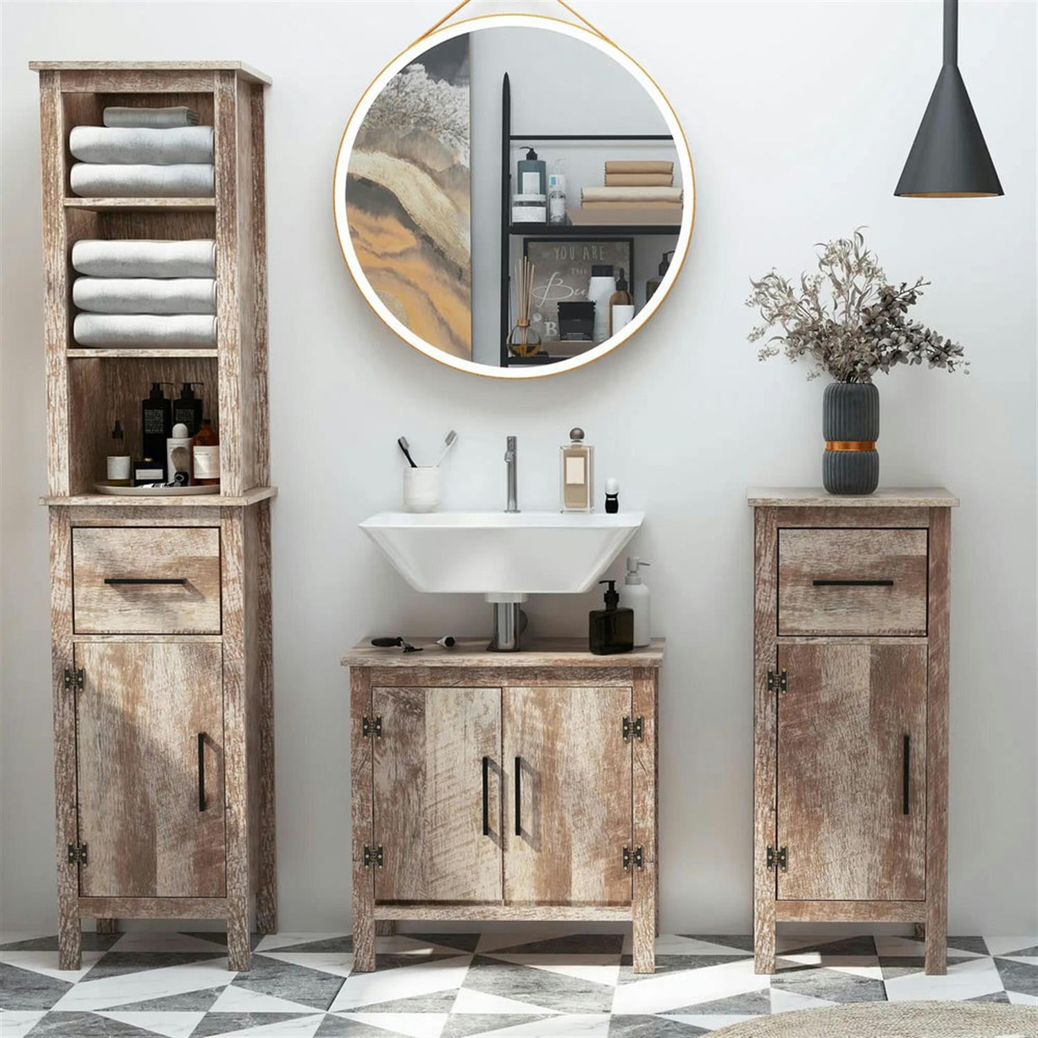 Demi Bonn 23" Bathroom Vanity with U-Shape Cut-Out, Pedestal Sink 2-Door Cabinet, Rustic Under Sink Cabinet, Brown