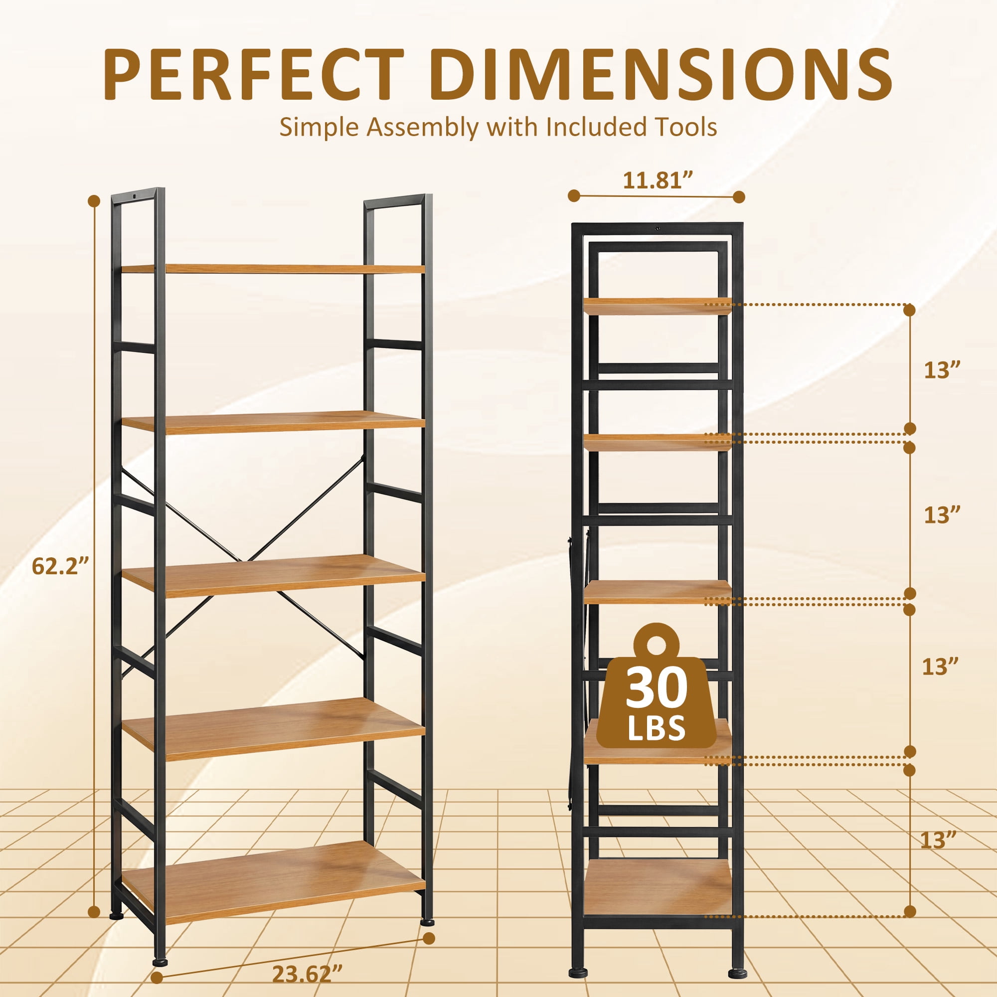 Atilioo 5 Tiers Bookcase, Heavy Durty Bookshelf Storage Organizer, Tall Display Shelves for Bedroom, Living Room, Yellow