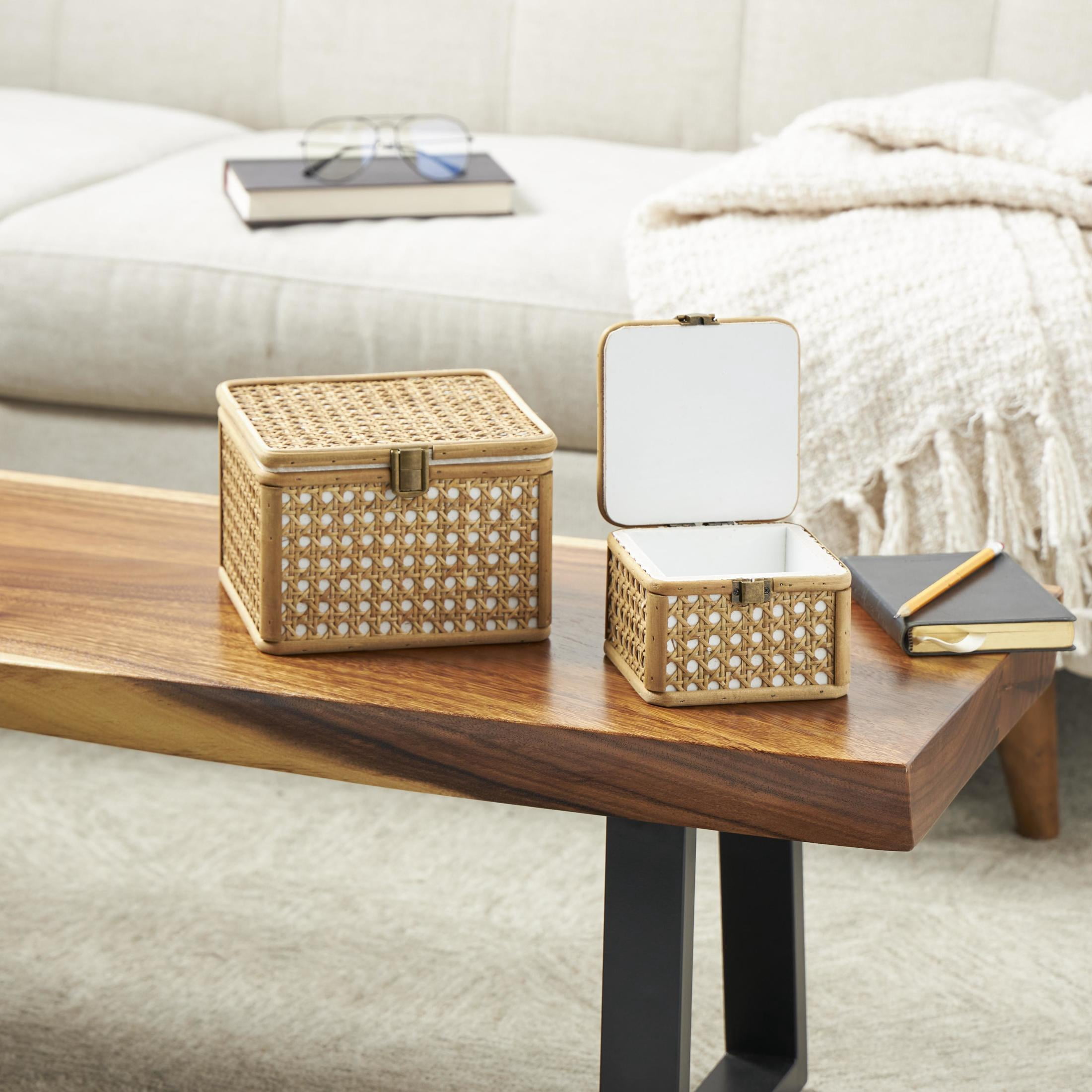 DecMode Handmade Woven Rattan Brown Rattan Decorative Box with Bronze Latches, 2 Count
