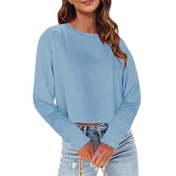 WULMLEO Womens Long Sleeve Crop Tops Loose Fit Fall Cropped Tshirts 2026 Crew Neck Casual Shirts Sky Blue L