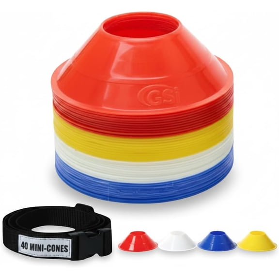 GSi Mini Cones for Sports - 40 Pack - 5Inch Diameter for Better Space Utilization - Comes with Shoulder Strap - for Agility Training Drills