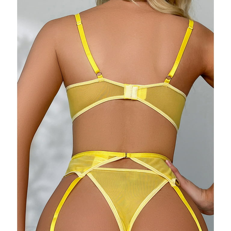 Aayomet Plus Size Lingerie for Women Women Underwire Bra Embroidery Thong  Underwear Garter Belt Set Lingerie G String Lingerie,Yellow L
