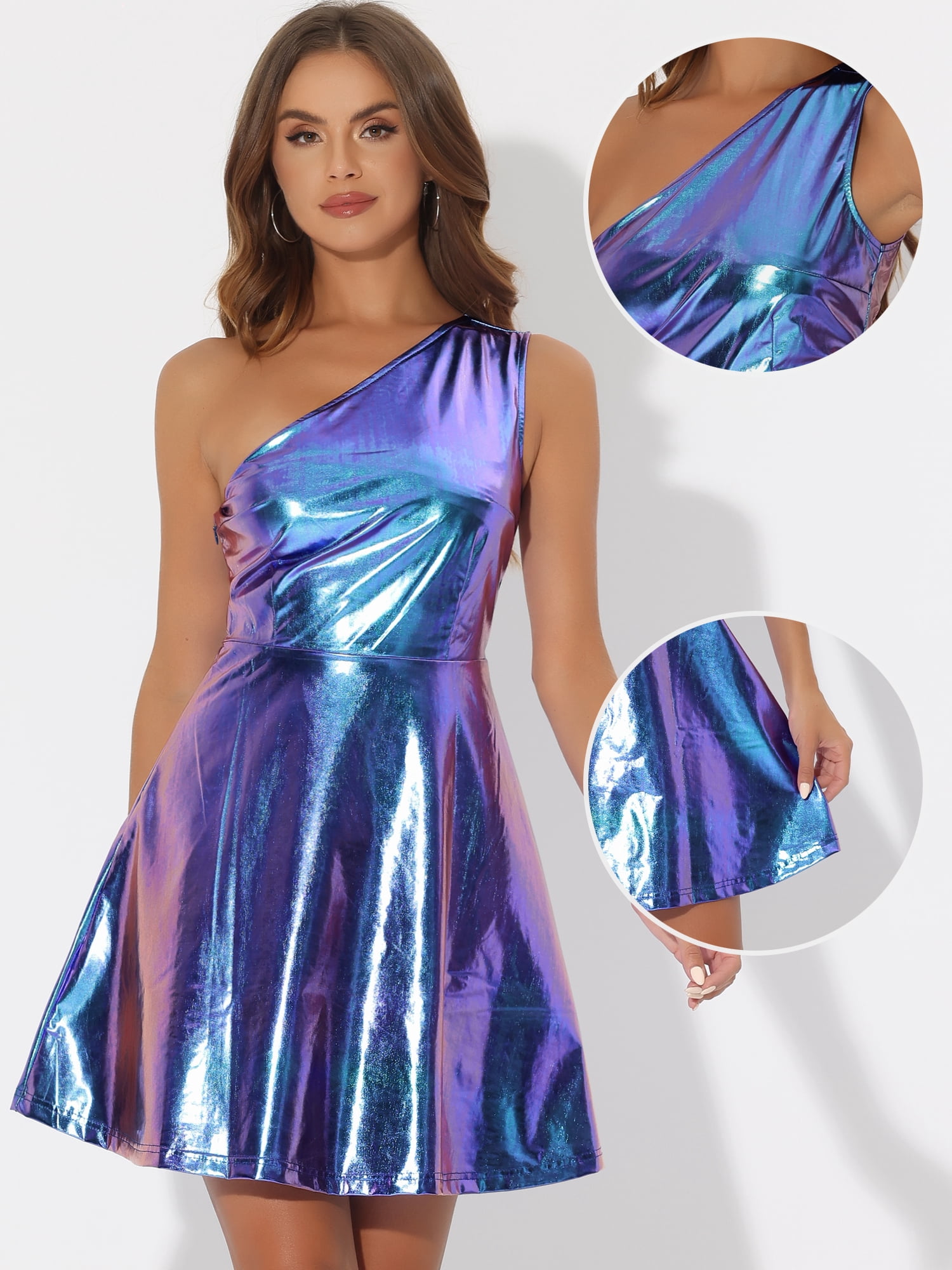 DARING DIVA One Shoulder Metallic Sleeveless Disco Holographic Dress XS Blue Purple