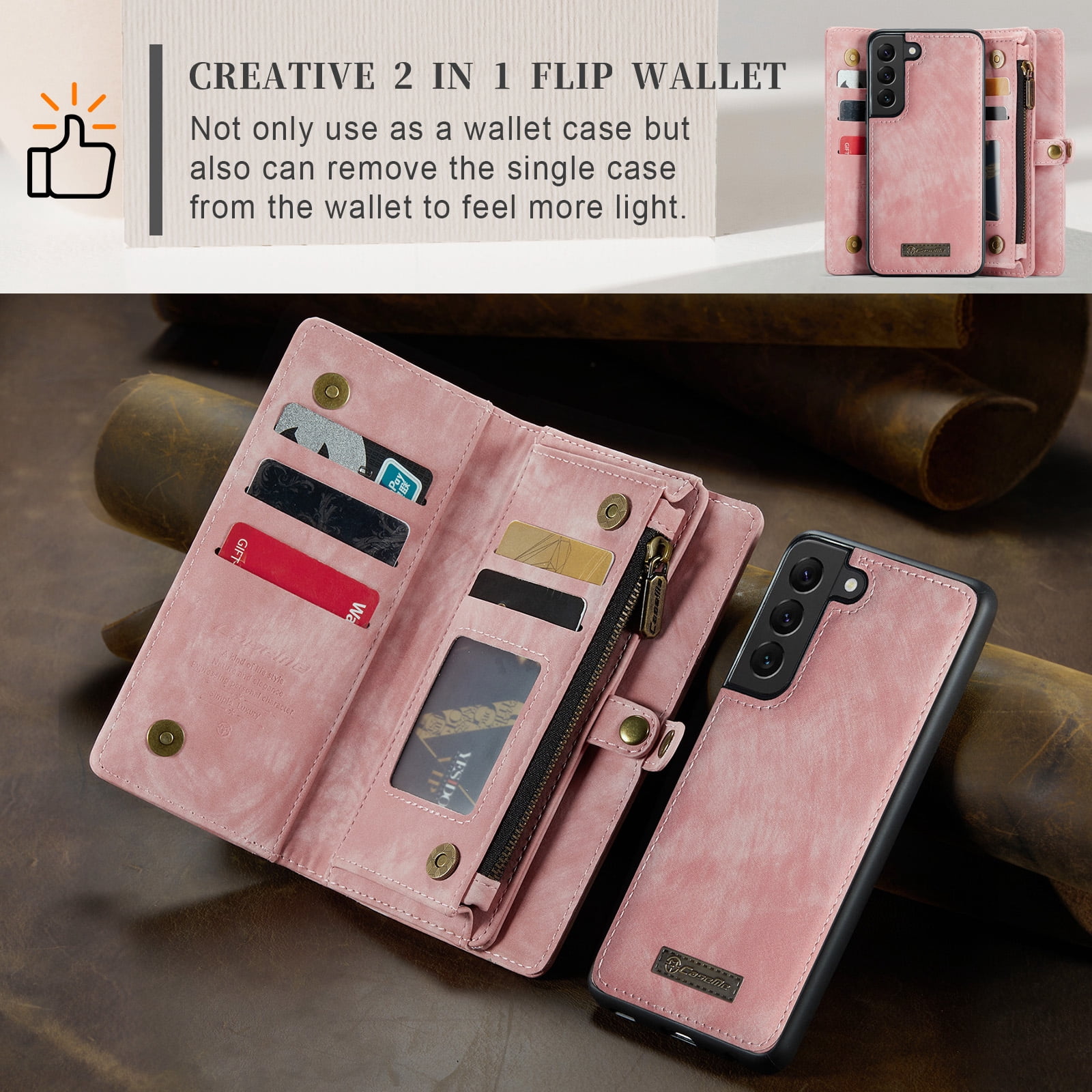 Feishell Durable 2-In-1 Magnetic Detachable Wallet Case for Samsung Galaxy S22,for Women Men,Premium PU Leather Zipper Pocket Flip Multi Card Slots Purse Phone Case with Wrist Strap,Pink
