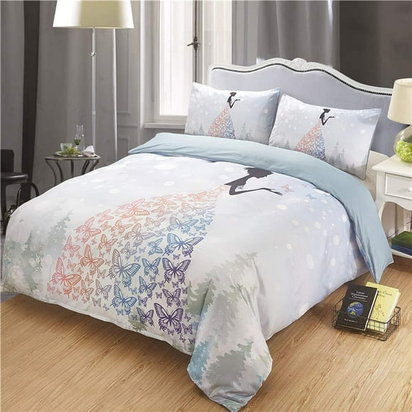 Girls 3 Pcs Duvet Cover Queen - Soft Breathable Durable Butterfly Duvet Cover Set Queen Comforter Cover Bedding Set for Kids