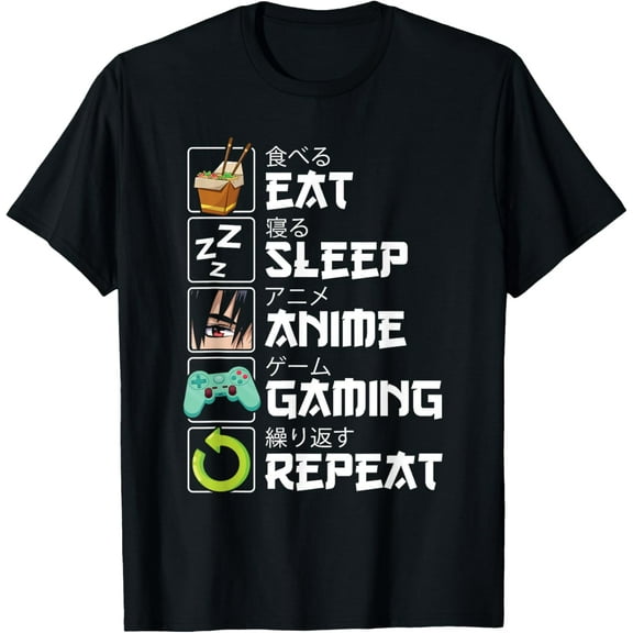 Eat Sleep Anime Gaming Repeat Kawaii Otaku Anime Manga T-ShirtMen and women, White Black T-shirt, size: Extra large S-4XL