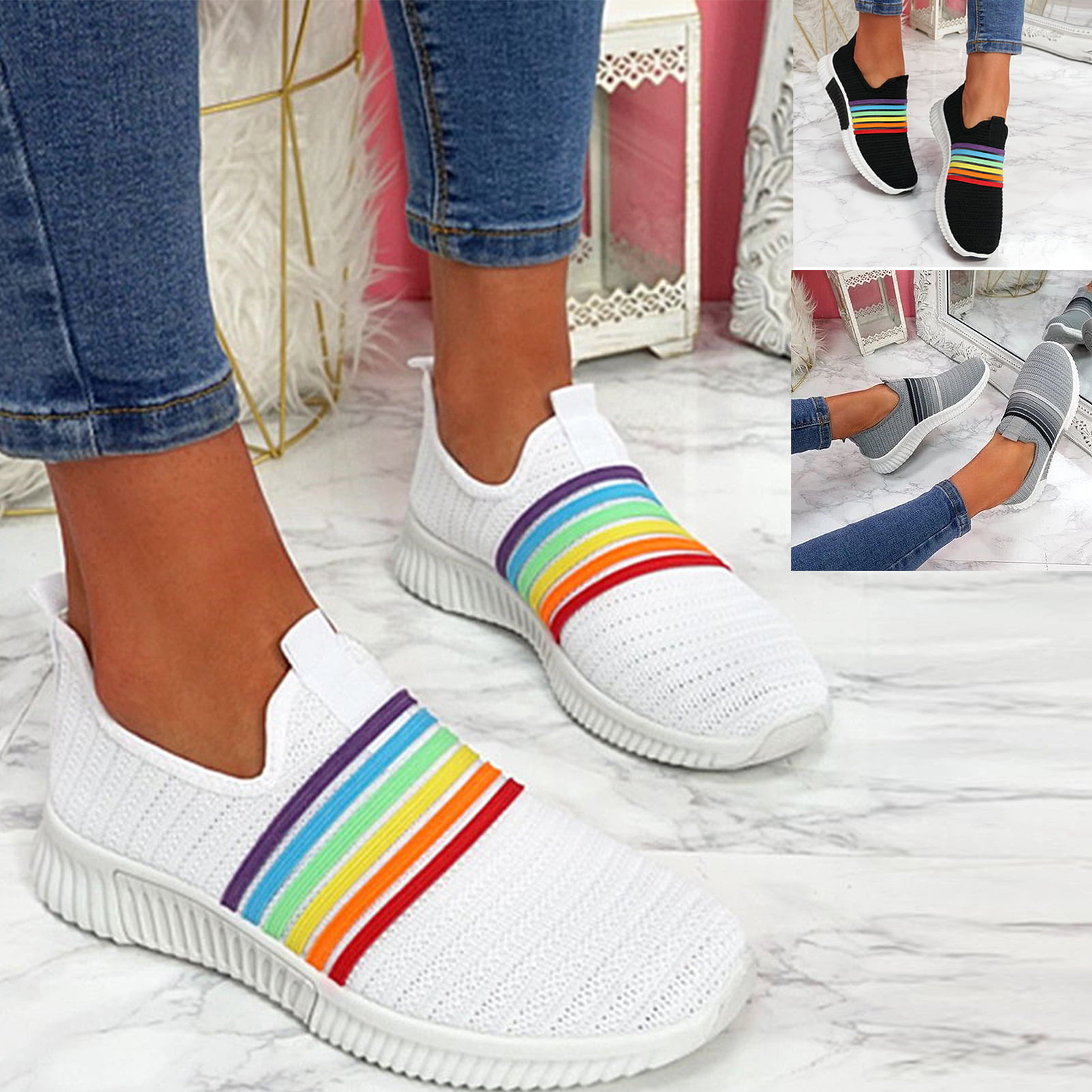 Girls Rainbow Stripe Slip On Pumps Kids Glitter Sports Trainers Flat Summer Shoe 