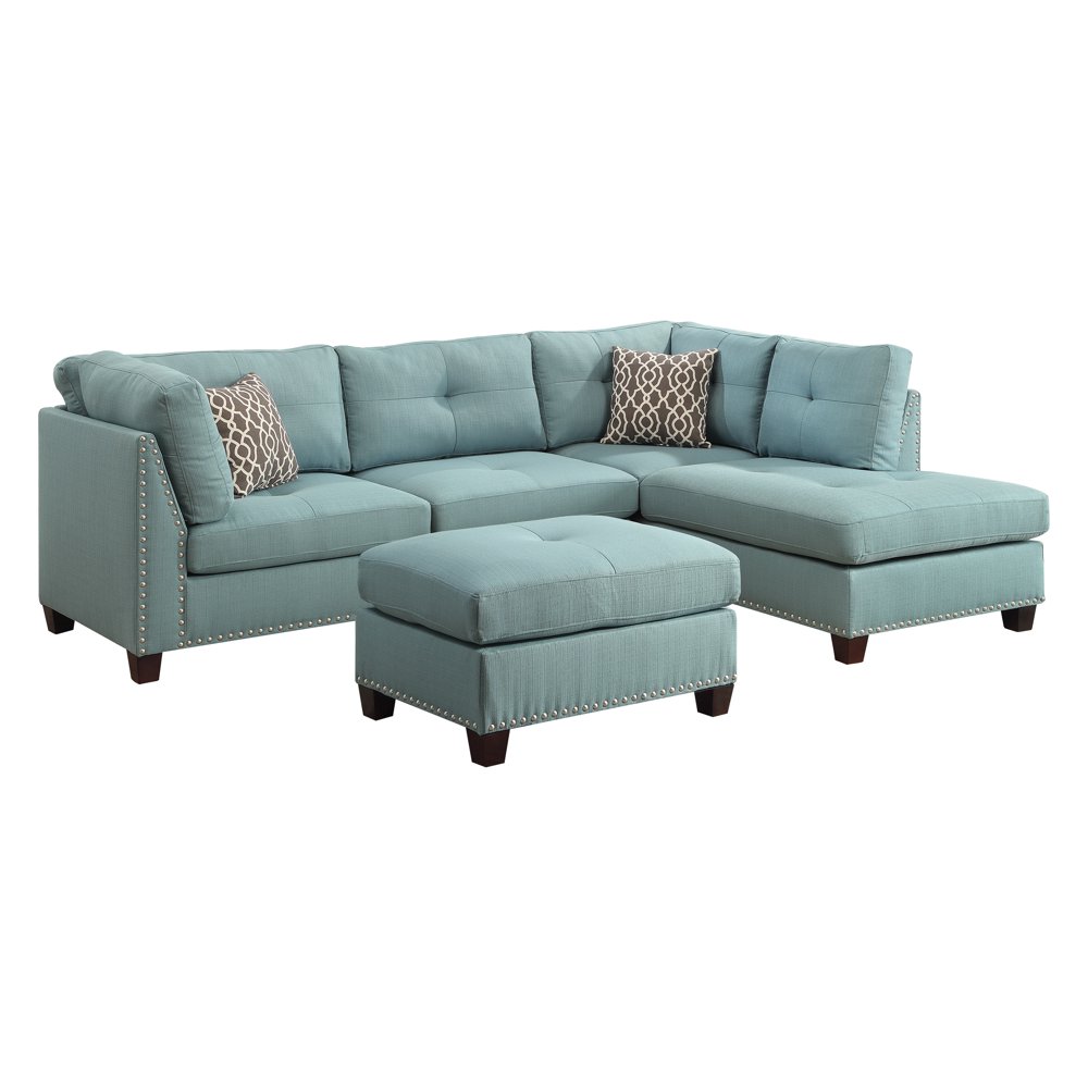 Laurissa Sectional Sofa with 2 Pillows & Ottoman in Light Teal Linen