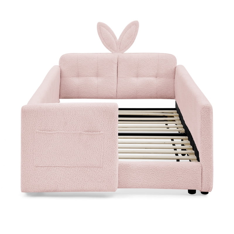 Twin Size Upholstered Platform Bed with Rabbit Ear Headboard, Kids Floor Bed with Storage Pocket & Safety Guardrail, No Box Spring Required