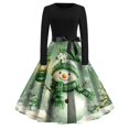 thumbnail image 2 of Christmas Dresses for Women Women's Christmas Printed Round Neck Big Hem Skirt Pleated Skirt Long Sleeved Dress with Snowman Print for Holiday Party,Army Green,L, 2 of 5