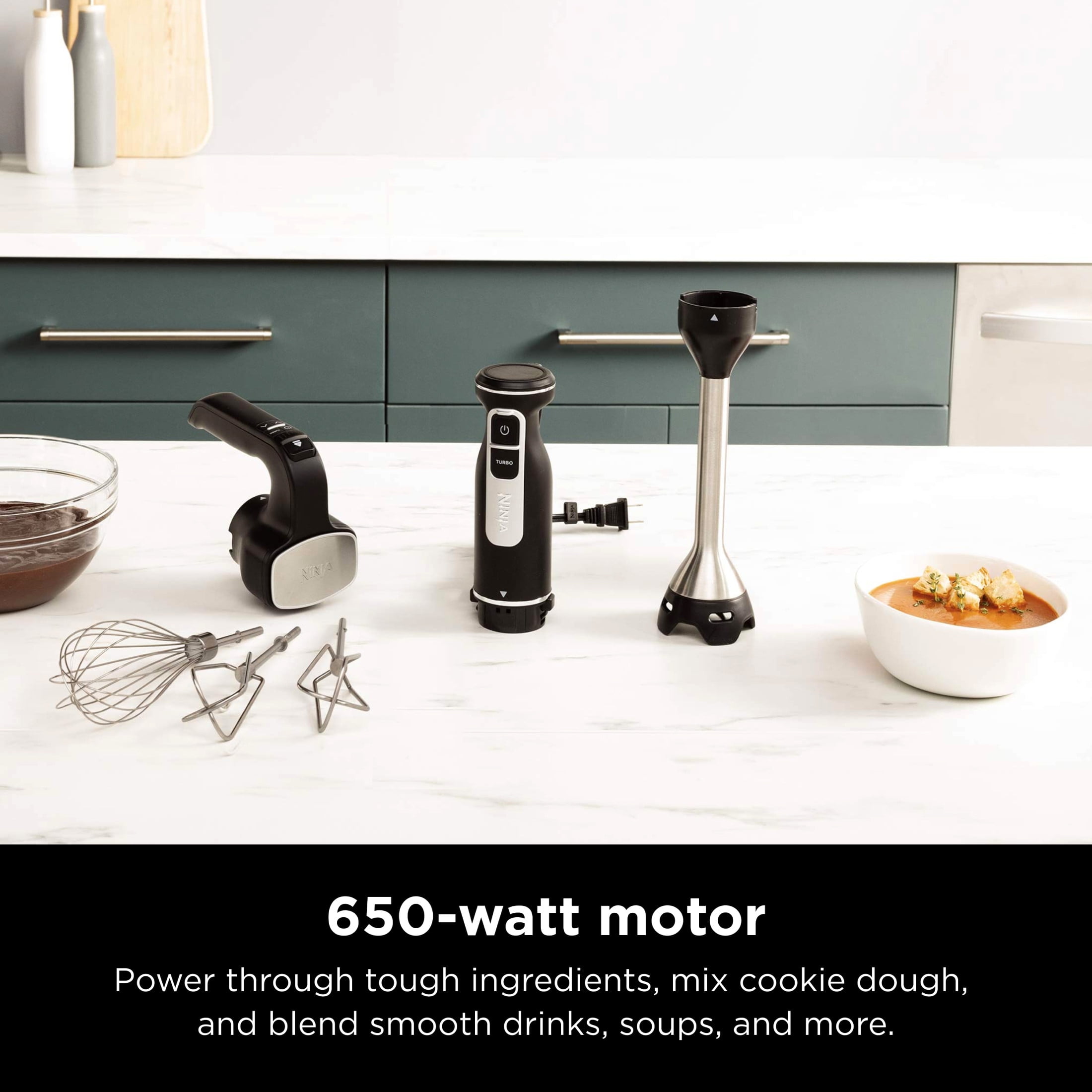 Ninja Foodi 650 Watt Hand Mixer, Immersion Blender, Electric Hand Mixer Combo With Whisk, Beaters, Black CI100