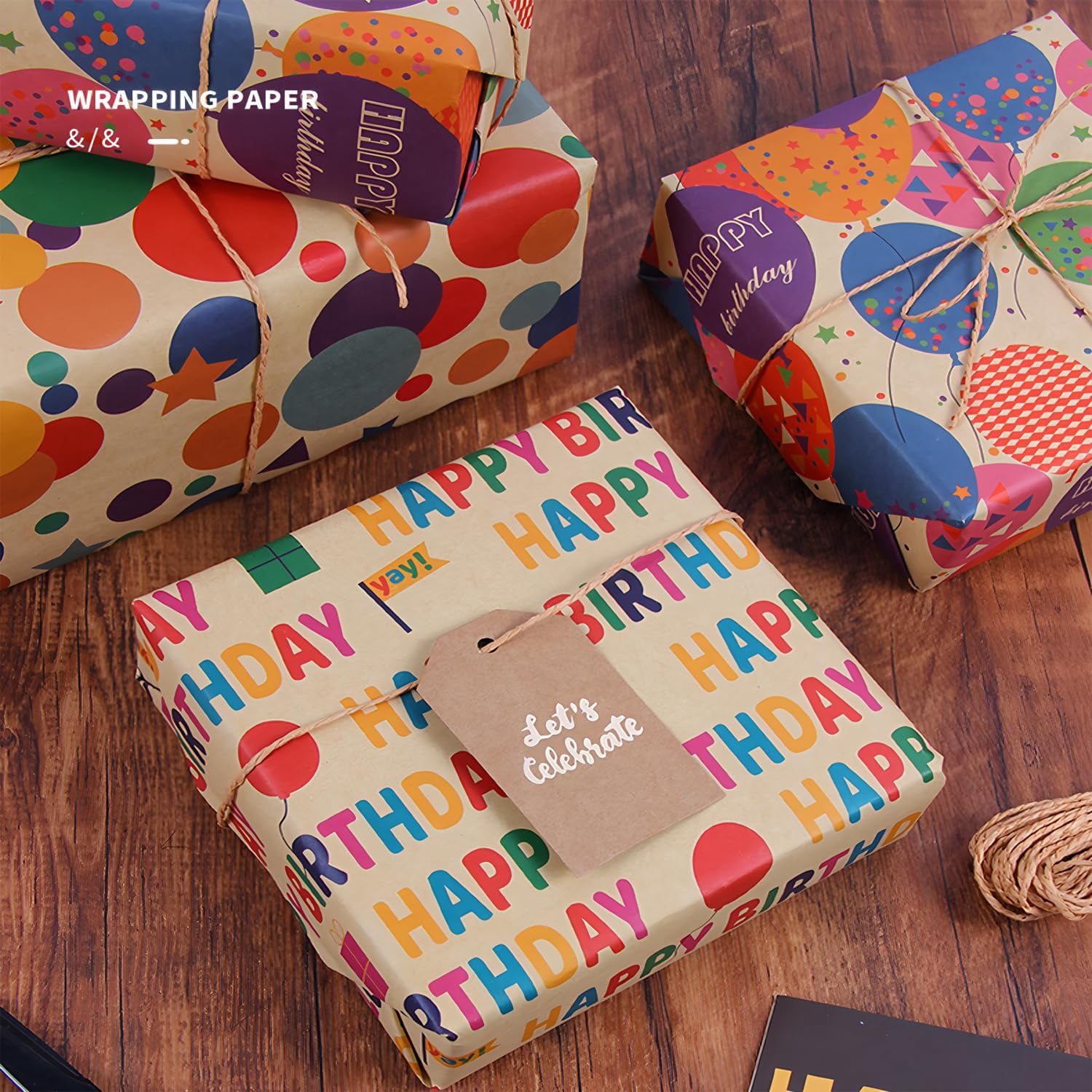 Birthday Kraft Wrapping Paper Vintage Style Paper Perfect for Men Women Brown Kraft Paper with Colorful Text Pattern for Birthday Holiday Wrap - 4 Rolls 17 inch X 120 inch (10feet) Per Roll