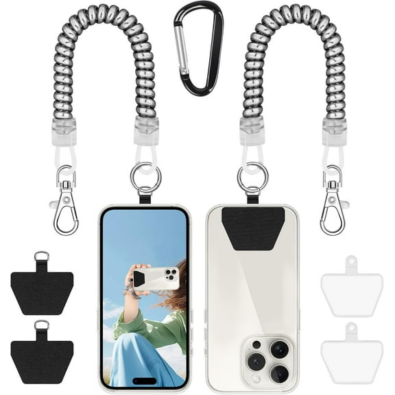 2* Phone Lanyard Tether with 4* Patch, iPhone Lanyard Anti Theft Phone Strap for Outdoor Hiking Climbing, Silver