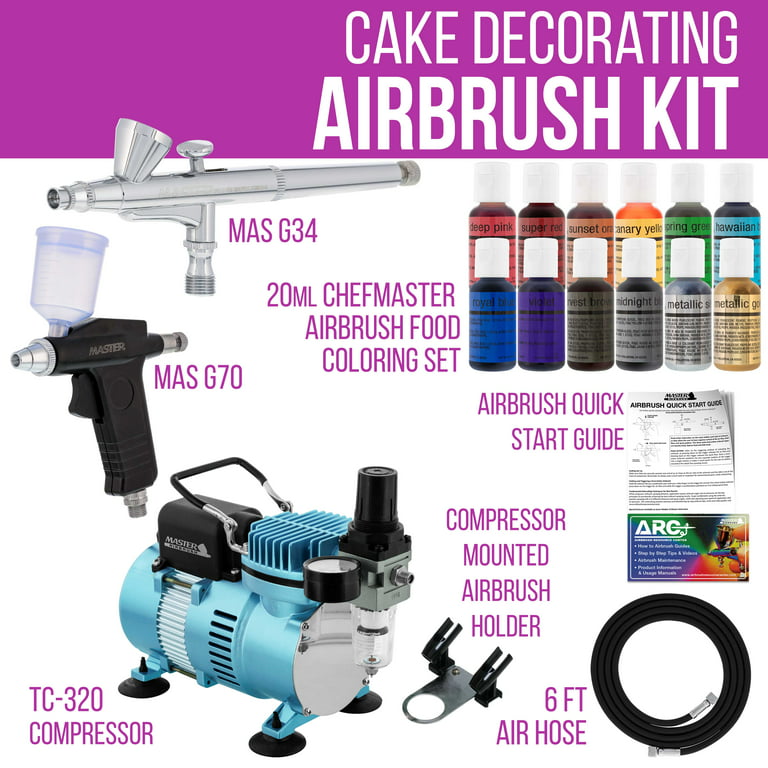 Cake Airbrush Decorating Kit - 2 Airbrushes, Compressor, and 6 Chefmaster  Colors
