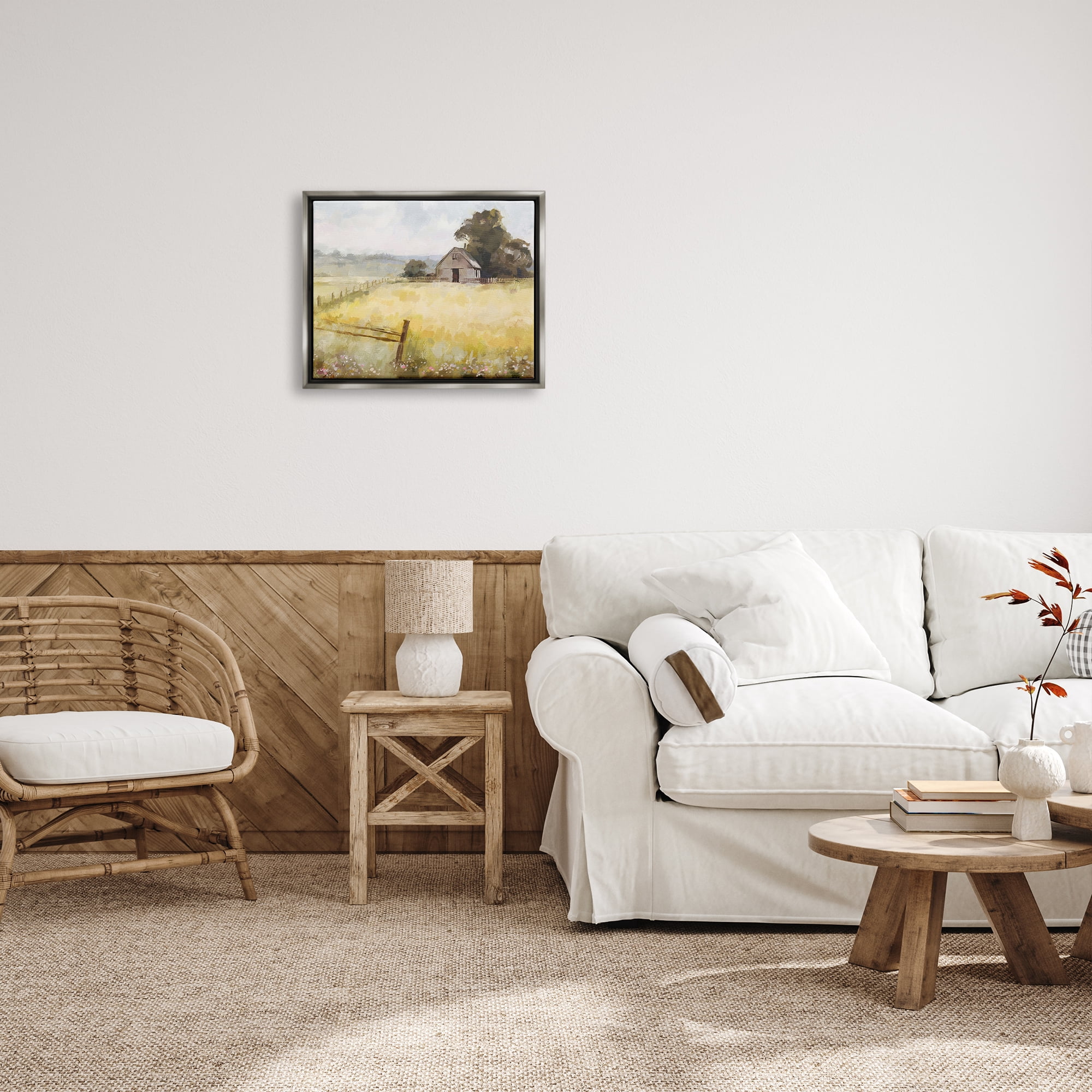 Stupell Industries Distant Barn Country Fence Landscape Painting Gray Floater Framed Canvas Art Print Wall Art, 21 x 17