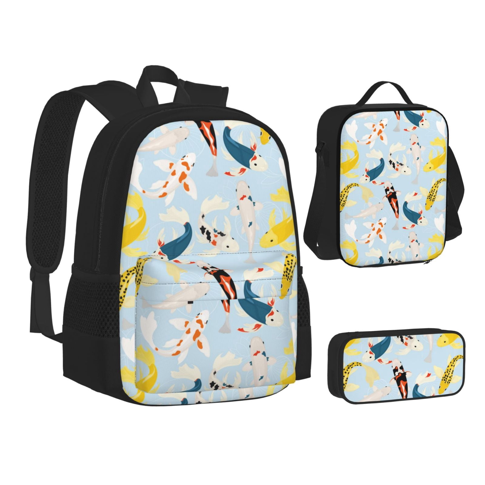 Naloa Japanese Carps Print Large Capacity Backpack Lunch Bag Pencil Case Combination 3 Piece Set for Student