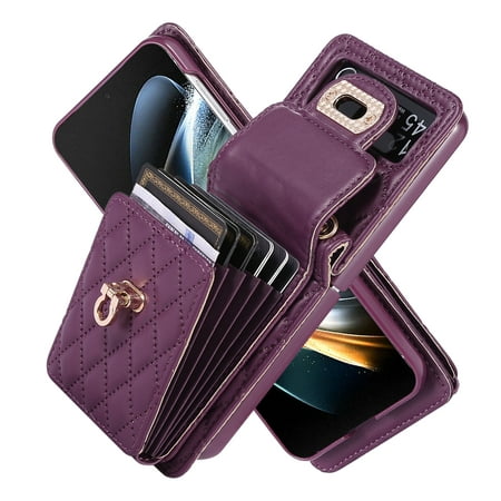 Dteck for Samsung Galaxy Z Flip 3 Accordion Crossbody Wallet Case, Z Flip3 5G Case with 6 Card Slots, Stylish Soft PU Leather Shockproof Phone Case with Adjustable Strap for Galaxy Z Flip3,Deep Purple