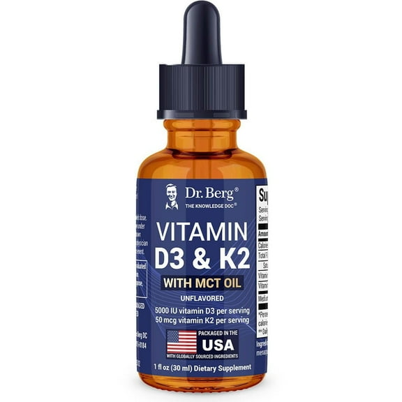 Dr. Berg Vitamin D3 K2 Liquid Drops 5000 IU with MCT Oil - Unflavored, 1 Fl Oz