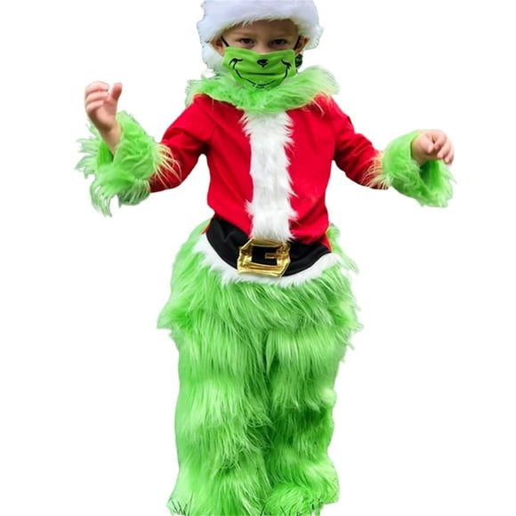 Honganda Enfants Noël Cosplay Costume Vert Fourrure Monstre à Capuche Santa Claus Vêtements Tops Vert Fourrure Pantalons Ensemble