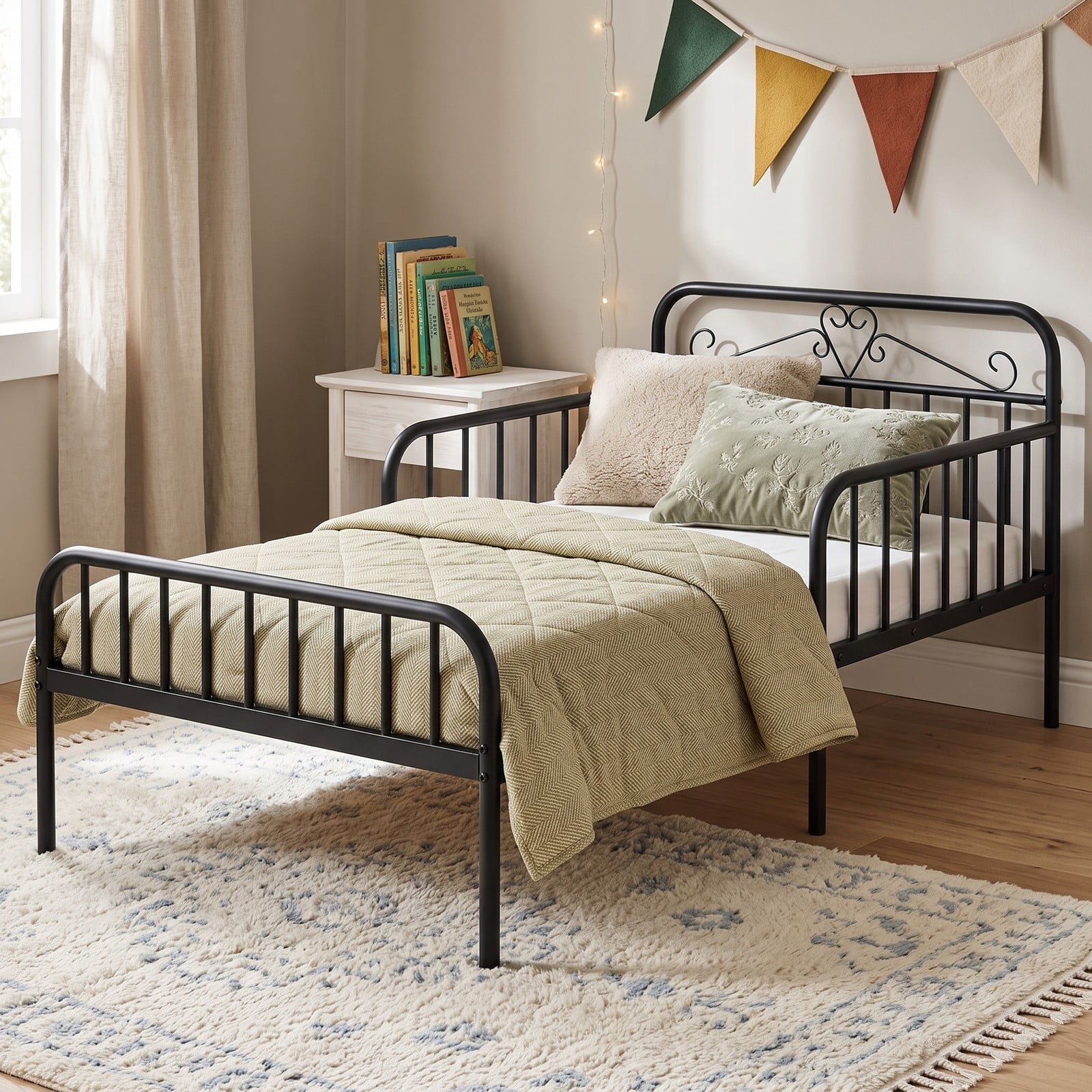 Furnibear Twin Size Metal Kids Bed Frame with Headboard and Safety Side Guardrails for a Boys and Girls Toddler Bedroom, Black