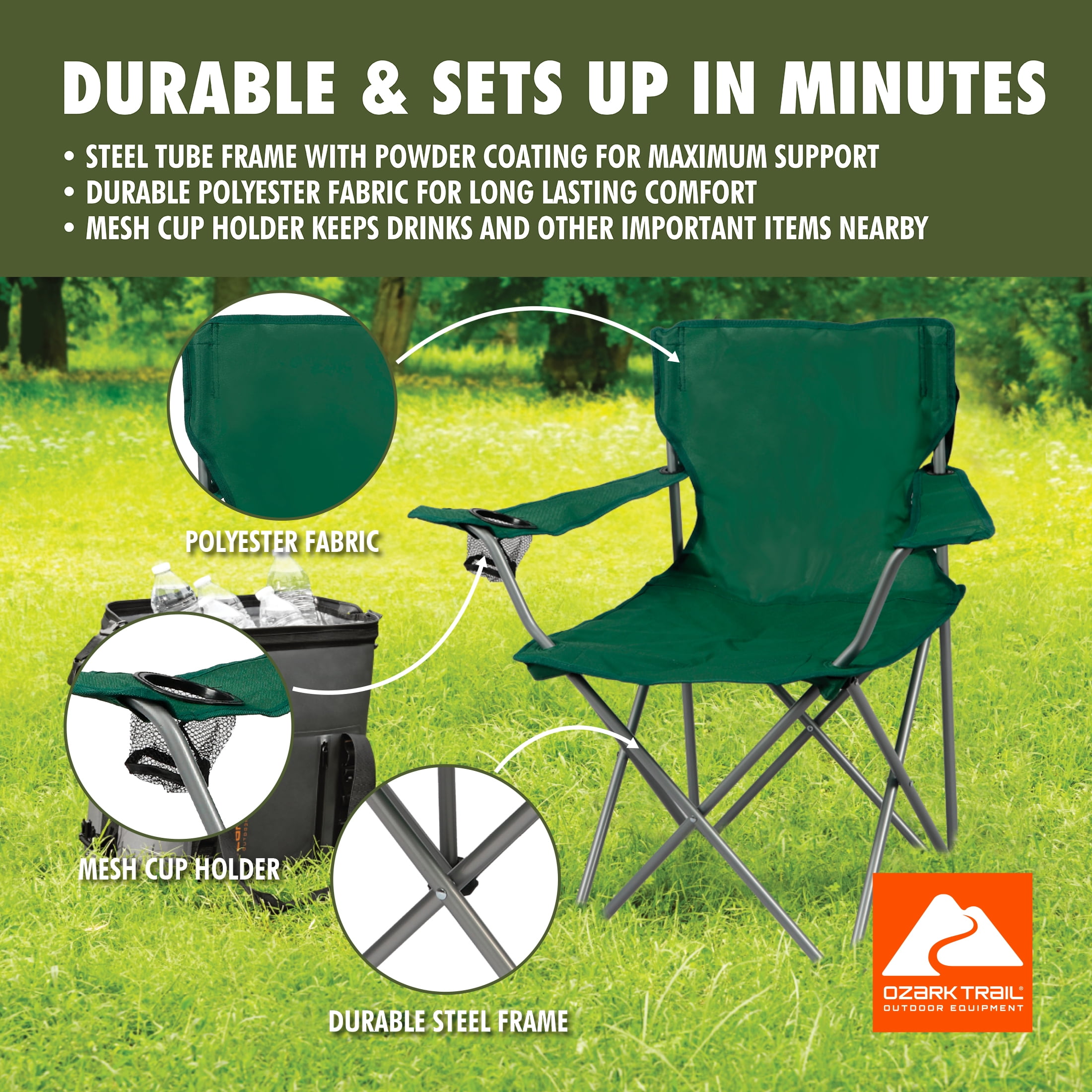 Ozark Trail Quad Folding Camp Chair with Cup Holder, Dark Green