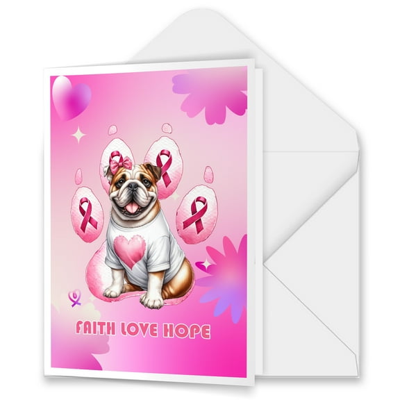 Faith Love Hope Bulldog Breast Cancer Awareness Survivor 5x7in Folded Greeting Card Dog Lover Gifts Idea Single Note Card with Envelope - 02017