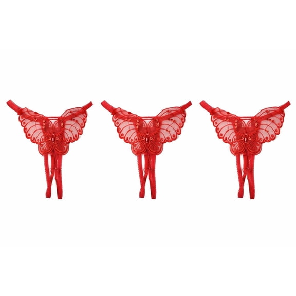 Flirtzy Womens Sheer Mesh Butterfly Applique Panties, Pearl & Sequin Detail Lingerie, 3 Pack Red