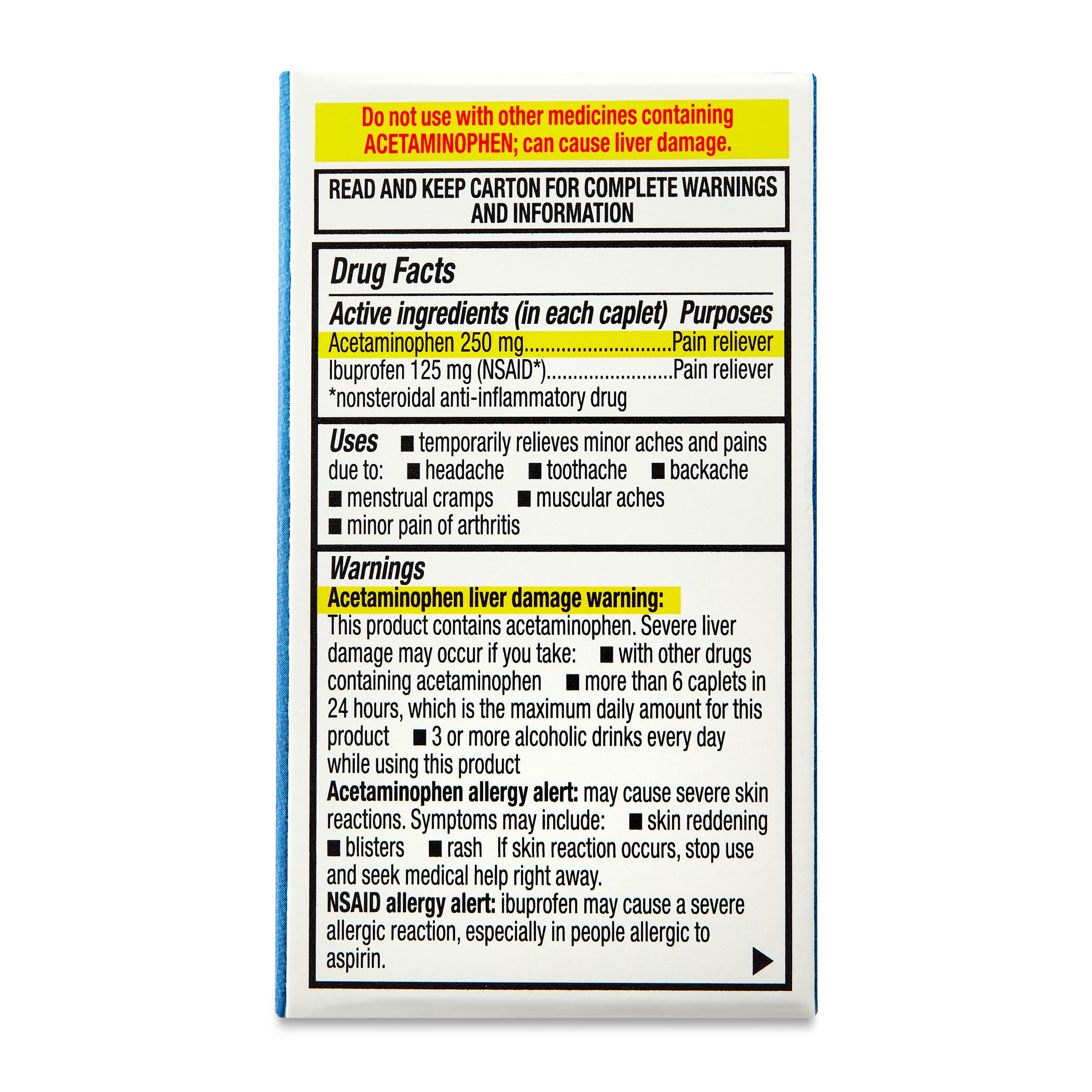 Equate Gluten-Free (Nsaid) Acetaminophen Pain Relief Tablets for Body Aches & Pains with Pain Reliever Caplets, 125 mg, Compare to Advil® 36 Count