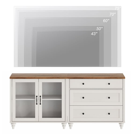 TV Stand for 75 Inch TV, 2-in-1 Wood TV Cabinet Entertainment Center Television Stands for Living Room, Sideboard Buffet Cabinet with Glass Door & Drawer for Kitchen, White