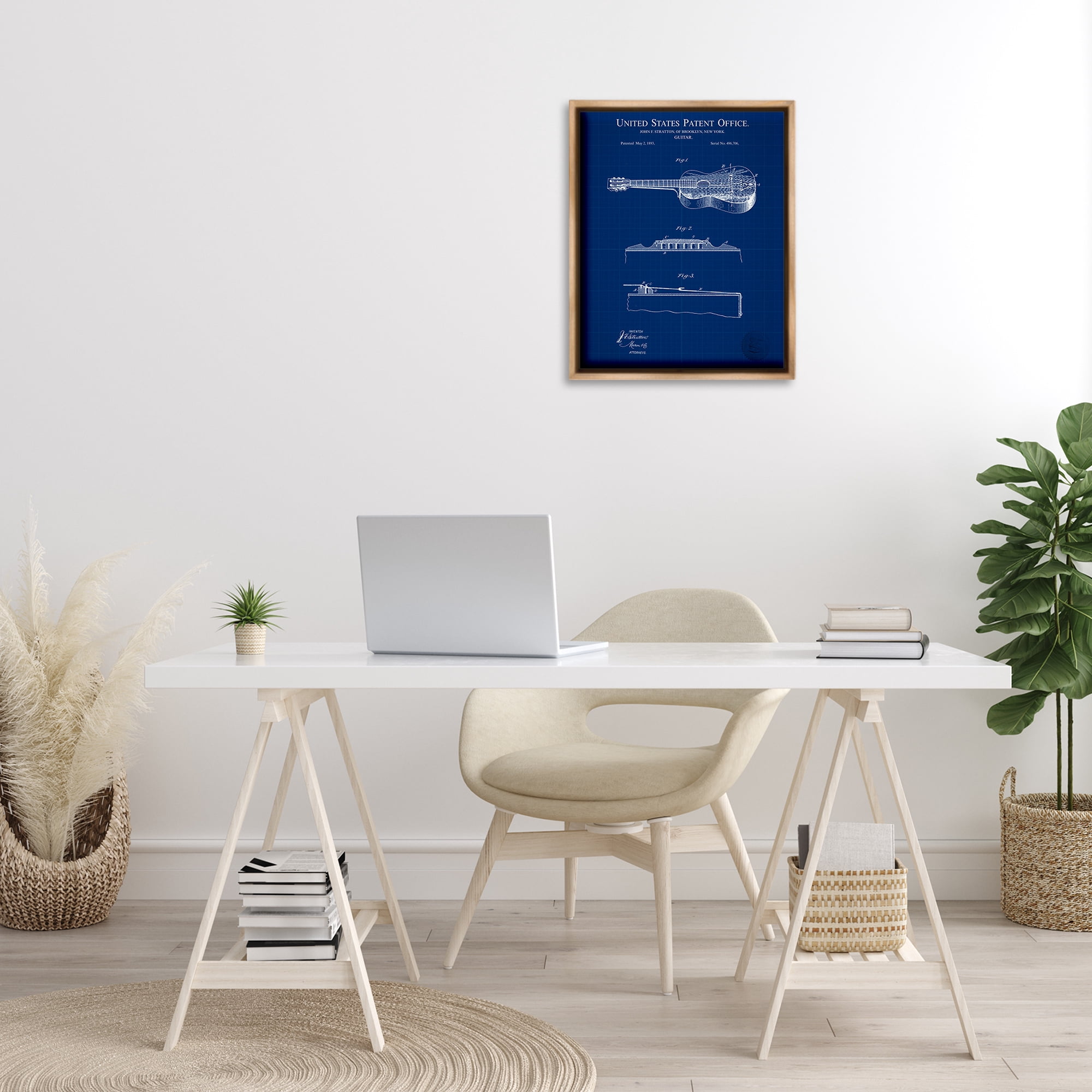 Stupell Industries Acoustic Guitar Blueprint Performing Arts Painting Brown Floater Framed Art Print Wall Art, 17 x 21